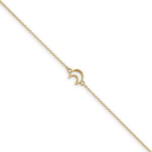 14k Yellow Gold Crescent Moon And 1mm Cable Chain Anklet, 10-11 Inch